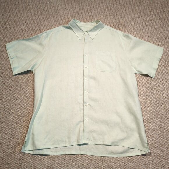Pronto Uomo Button Down Shirt Mens 3XL Green 100% Linen Short Sleeve Casual - Picture 1 of 6